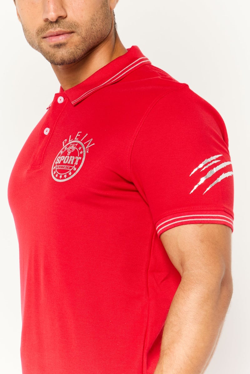 Plein Sport Men Sportswear Fit Short Sleeve Outdoor Polo Shirt, Red  - Image 3