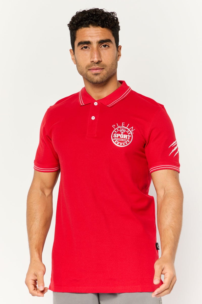 Plein Sport Men Sportswear Fit Short Sleeve Outdoor Polo Shirt, Red  - Image 1