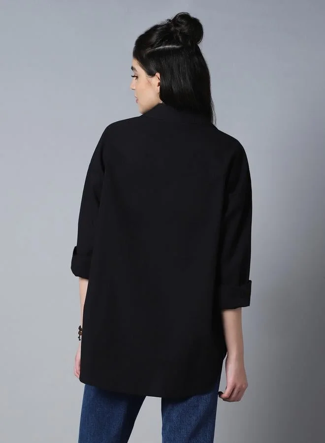 HIGH STAR Black Women'S Black 100% Cotton Solid Pattern Button Down Shirt for Women | Best Price UAE