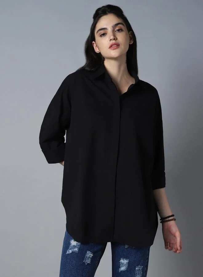 HIGH STAR Black Women'S Black 100% Cotton Solid Pattern Button Down Shirt for Women | Best Price UAE