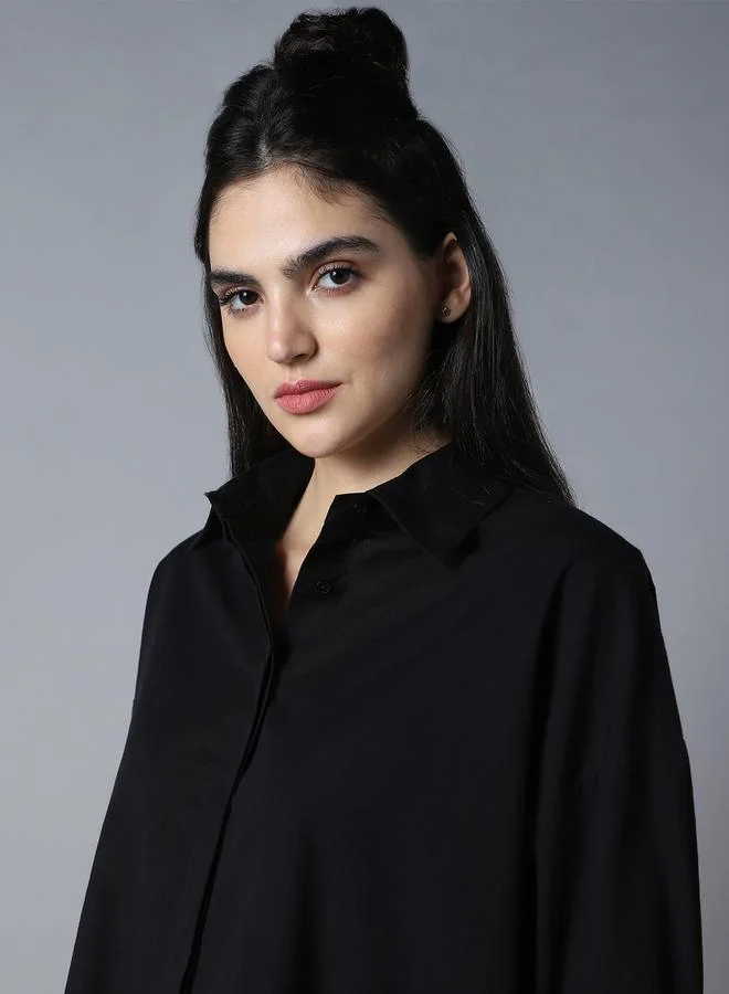 HIGH STAR Black Women'S Black 100% Cotton Solid Pattern Button Down Shirt for Women | Best Price UAE