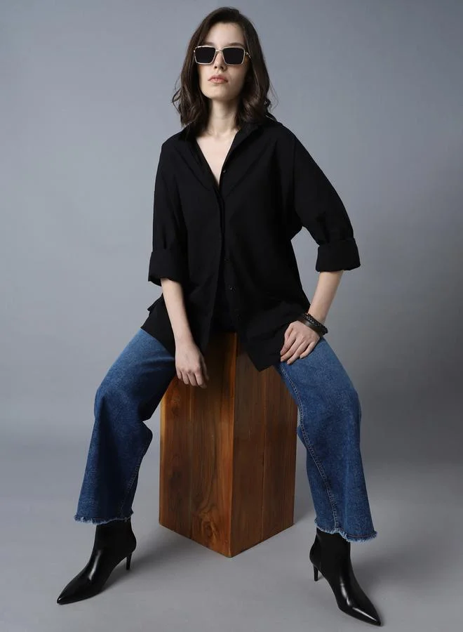 HIGH STAR Black Women'S Black 100% Cotton Solid Pattern Button Down Shirt for Women | Best Price UAE