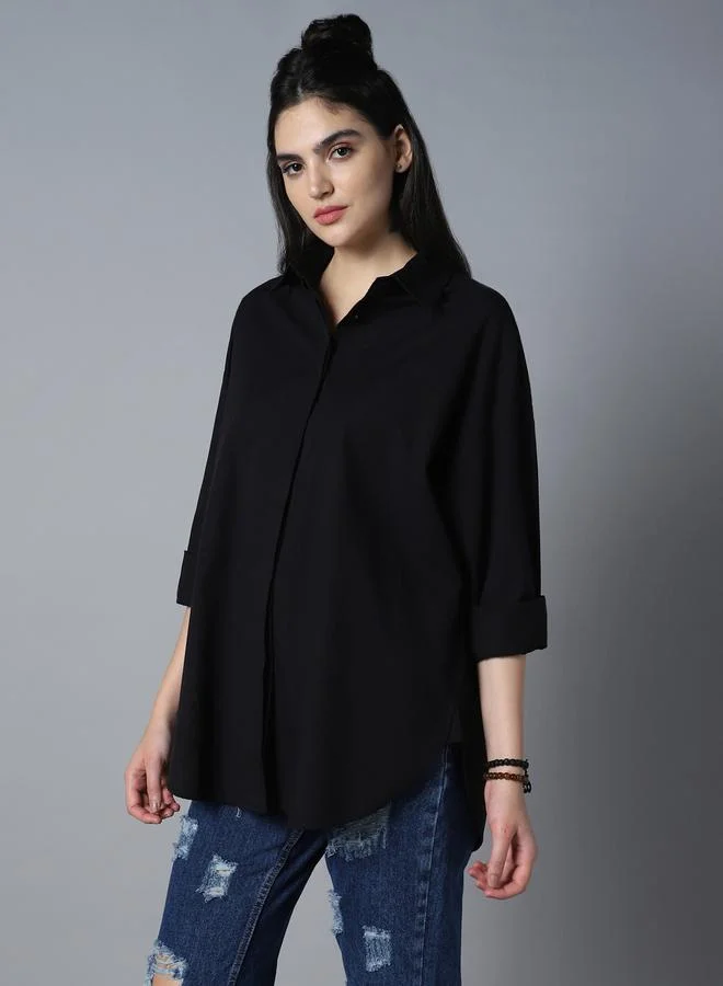 HIGH STAR Women'S Black 100% Cotton Solid Pattern Button Down Shirt