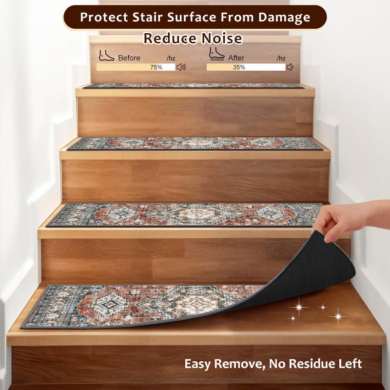 OJIA Stair Treads Non Slip for Wooden Steps Indoor 15PCS Carpet Stair Treads, Rubber Backing Stair Carpet Treads, 8"x30" Staircase Step Treads Edging Stair Rugs for Kids & Pets, Rust Red - Image 3