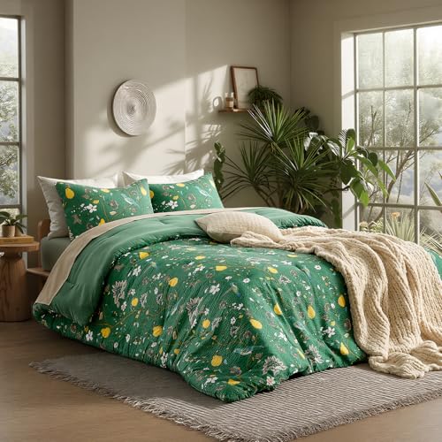 MUSSEL Green Bedding King Comforter Set 3 Pieces,Vintage Botanical Floral Pattern Bed Comforter Sets,Boho Whimsical Modern Printed Design Cute Seersucker Bedroom Comforter and Shams - Image 1