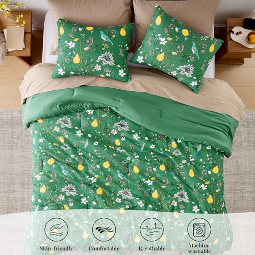 MUSSEL Green Bedding King Comforter Set 3 Pieces,Vintage Botanical Floral Pattern Bed Comforter Sets,Boho Whimsical Modern Printed Design Cute Seersucker Bedroom Comforter and Shams - Image 4