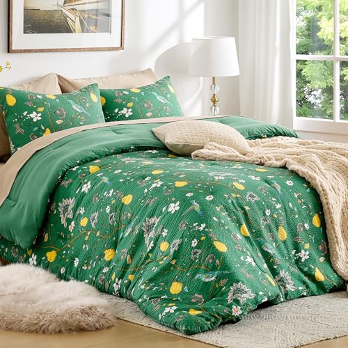 MUSSEL Green Bedding King Comforter Set 3 Pieces,Vintage Botanical Floral Pattern Bed Comforter Sets,Boho Whimsical Modern Printed Design Cute Seersucker Bedroom Comforter and Shams - Image 2