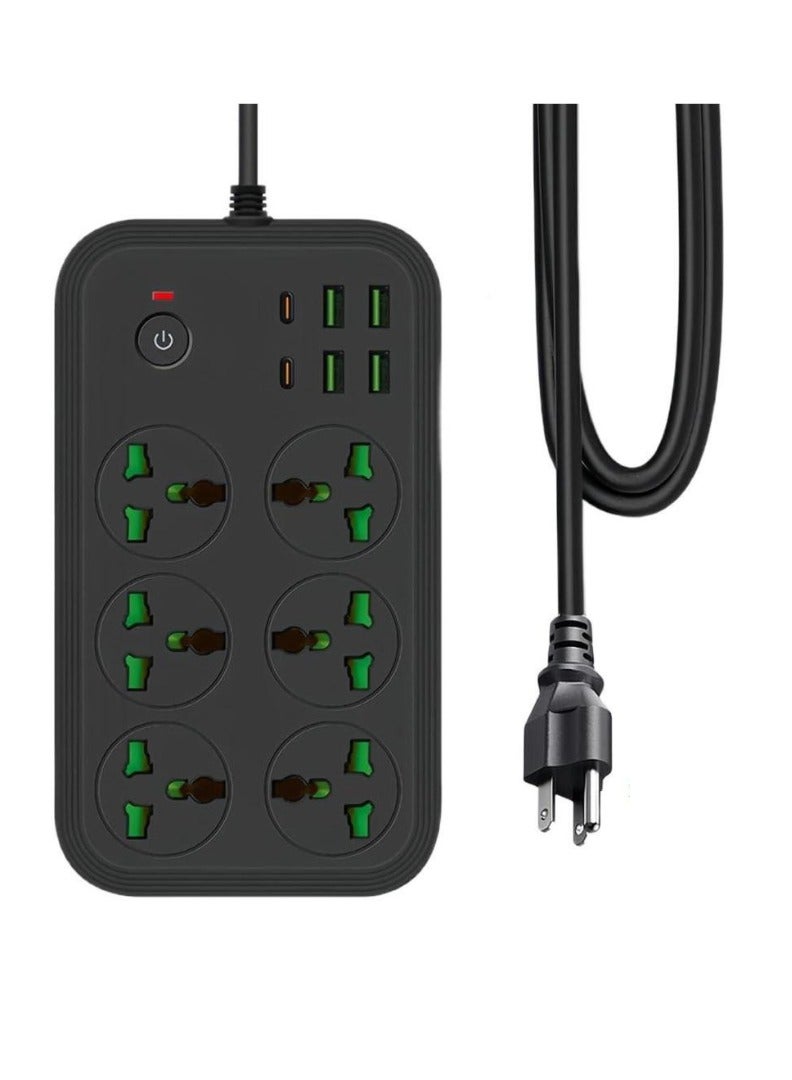 JAJEEK 12-in-1 Power Strip with USB-C, Universal Extension Cord, 6 AC Outlets, 4 USB Ports, 110-240V, Max 3000W, Wall Mountable International Plug Extender for Overseas Travel & Work (Black) – Surge Protection, Fast Charging & Compact Design  - Image 1