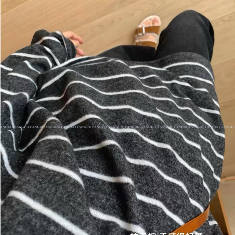 Korean Style Chubby Girl Striped Long-Sleeved Sanding Base T-Shirt New Style Lazy Loose Slimming Top - Image 5