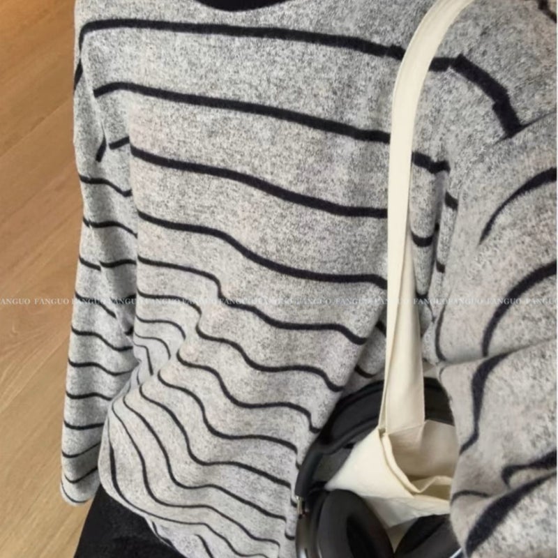 Korean Style Chubby Girl Striped Long-Sleeved Sanding Base T-Shirt New Style Lazy Loose Slimming Top - Image 2