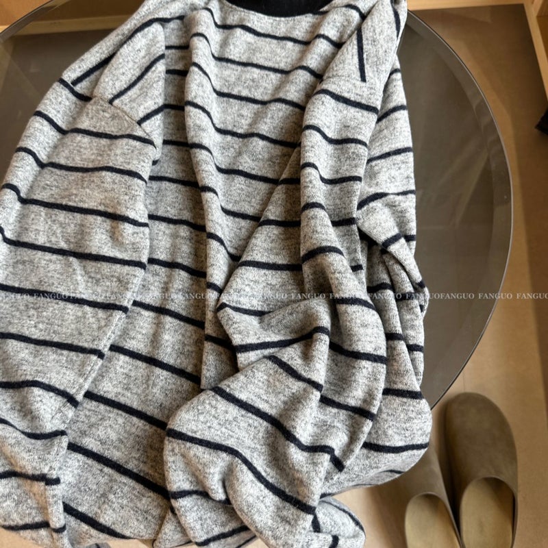 Korean Style Chubby Girl Striped Long-Sleeved Sanding Base T-Shirt New Style Lazy Loose Slimming Top - Image 3