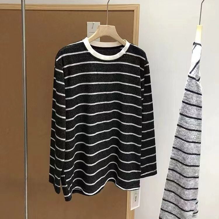 Korean Style Chubby Girl Striped Long-Sleeved Sanding Base T-Shirt New Style Lazy Loose Slimming Top - Image 1