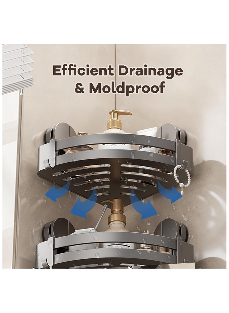 NANAO حامل دش زاوي من الألمنيوم - رف دش قابل للإزالة مع كوب شفط فراغي بدون حفر مقاوم للصدأ مثبت على الحائط مع 4 خطافات [2 عبوات] - رمادي - Image 5
