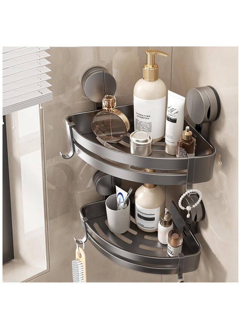 NANAO حامل دش زاوي من الألمنيوم - رف دش قابل للإزالة مع كوب شفط فراغي بدون حفر مقاوم للصدأ مثبت على الحائط مع 4 خطافات [2 عبوات] - رمادي - Image 3