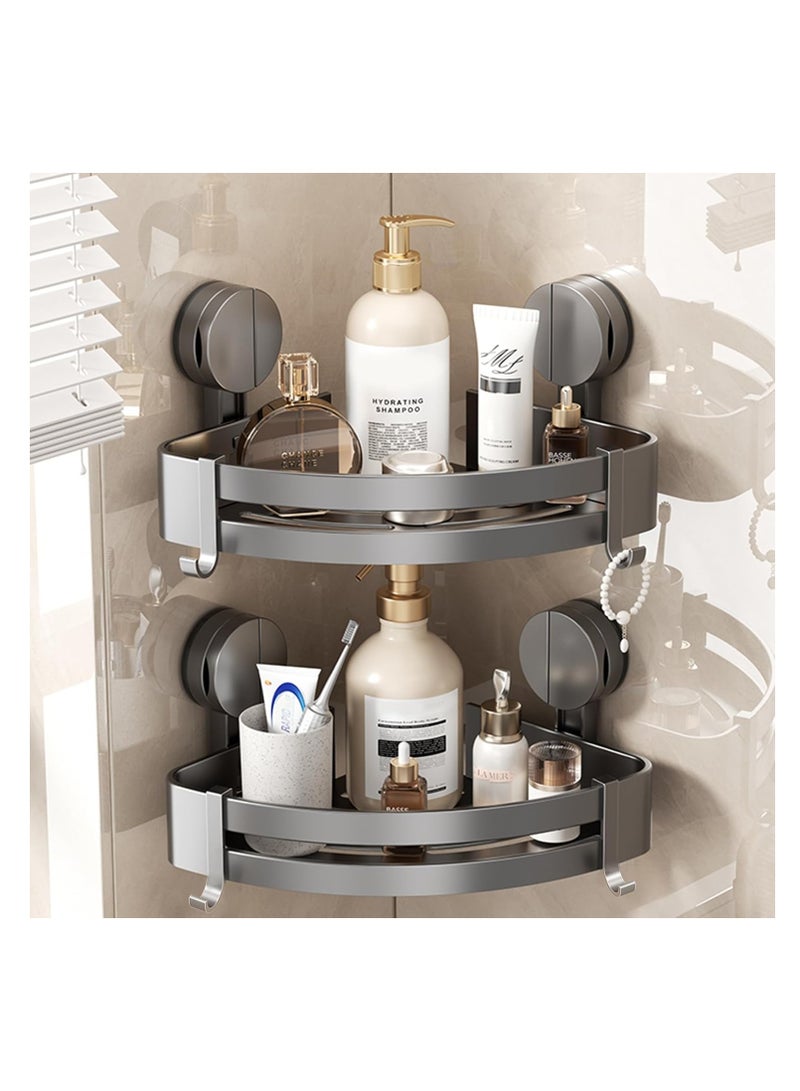 NANAO حامل دش زاوي من الألمنيوم - رف دش قابل للإزالة مع كوب شفط فراغي بدون حفر مقاوم للصدأ مثبت على الحائط مع 4 خطافات [2 عبوات] - رمادي - Image 1