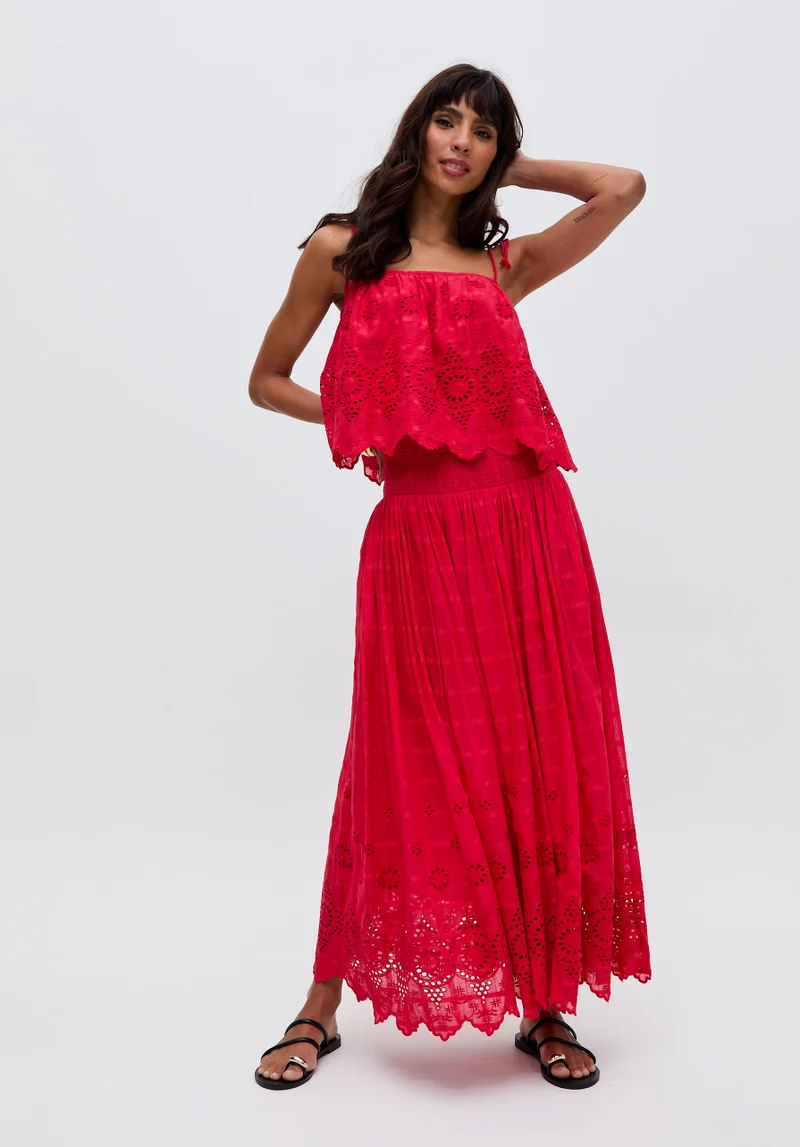 رافاي Mirella Smocked Waist Embroidered Midi Skirt In Red