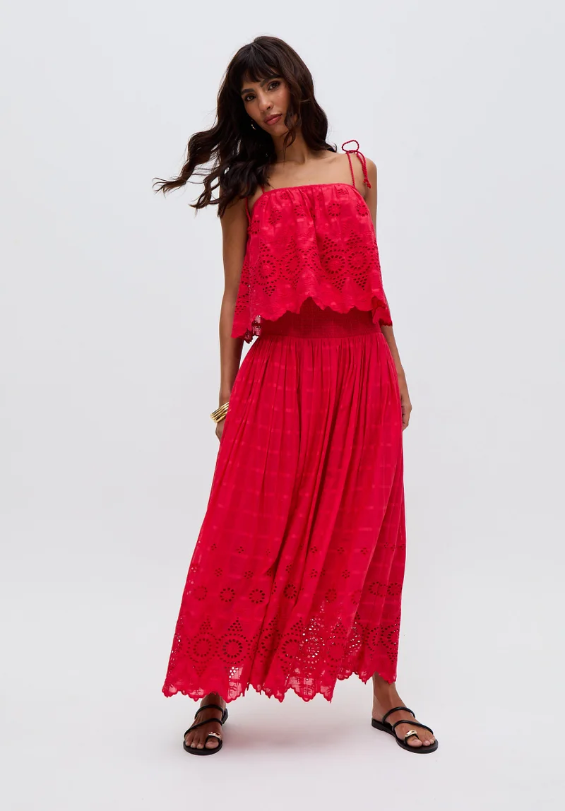 رافاي Mirella Smocked Waist Embroidered Midi Skirt In Red