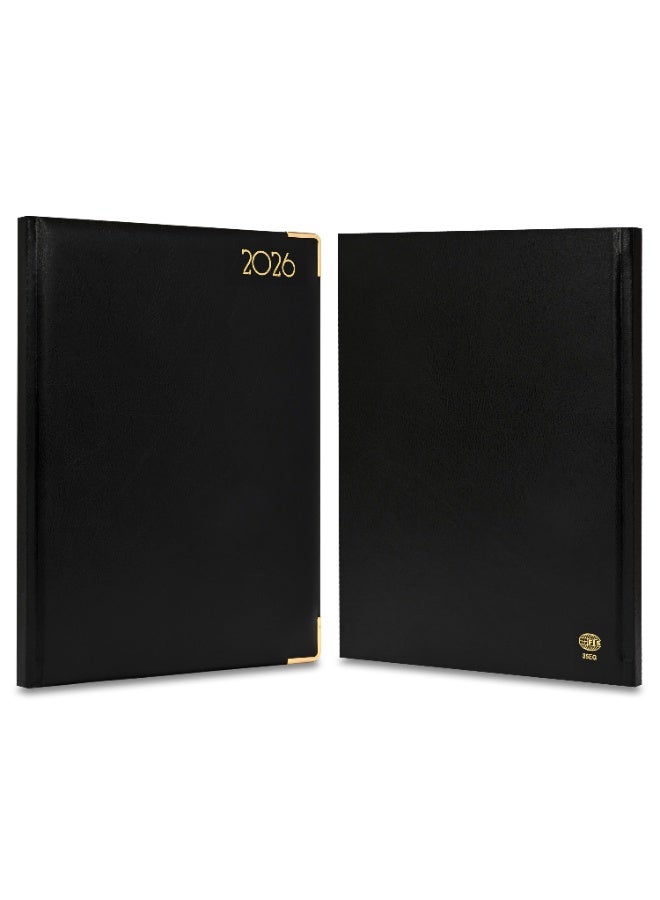 FIS 2026 Executive Diary, Size 210x260mm, Golden Edition, 1 Side Padded & Sewn Vinyl Cover, Gold Gilded Edges, Golden Corners, English/French, 70gsm White Paper, Black Cover-FSDI35EG26BK - Image 2