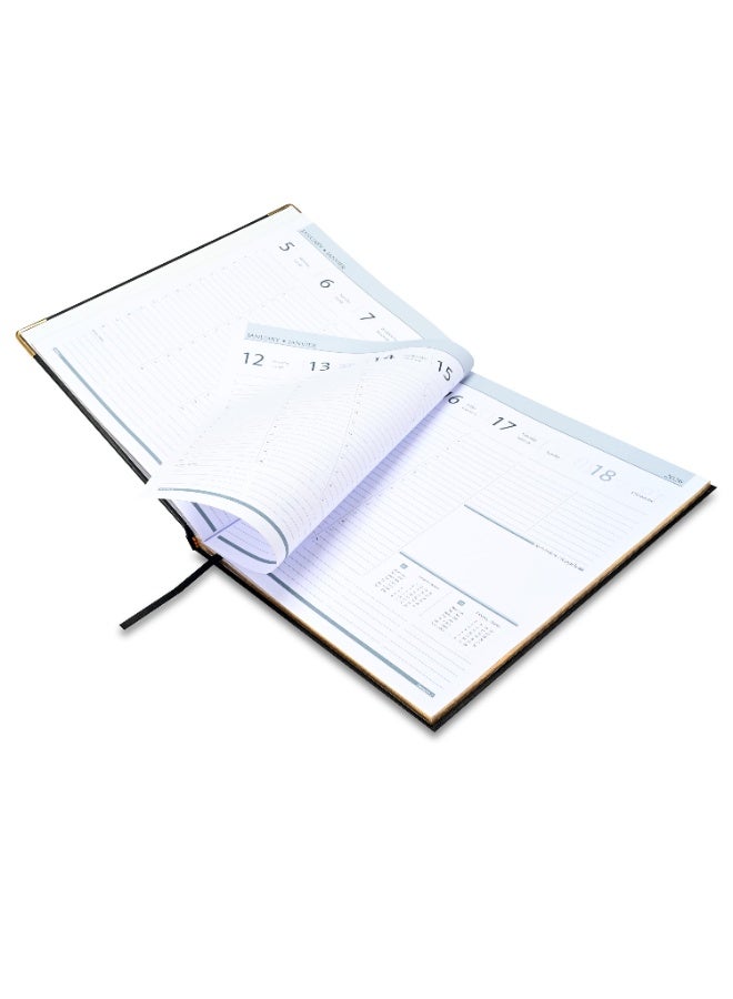 FIS 2026 Executive Diary, Size 210x260mm, Golden Edition, 1 Side Padded & Sewn Vinyl Cover, Gold Gilded Edges, Golden Corners, English/French, 70gsm White Paper, Black Cover-FSDI35EG26BK - Image 4