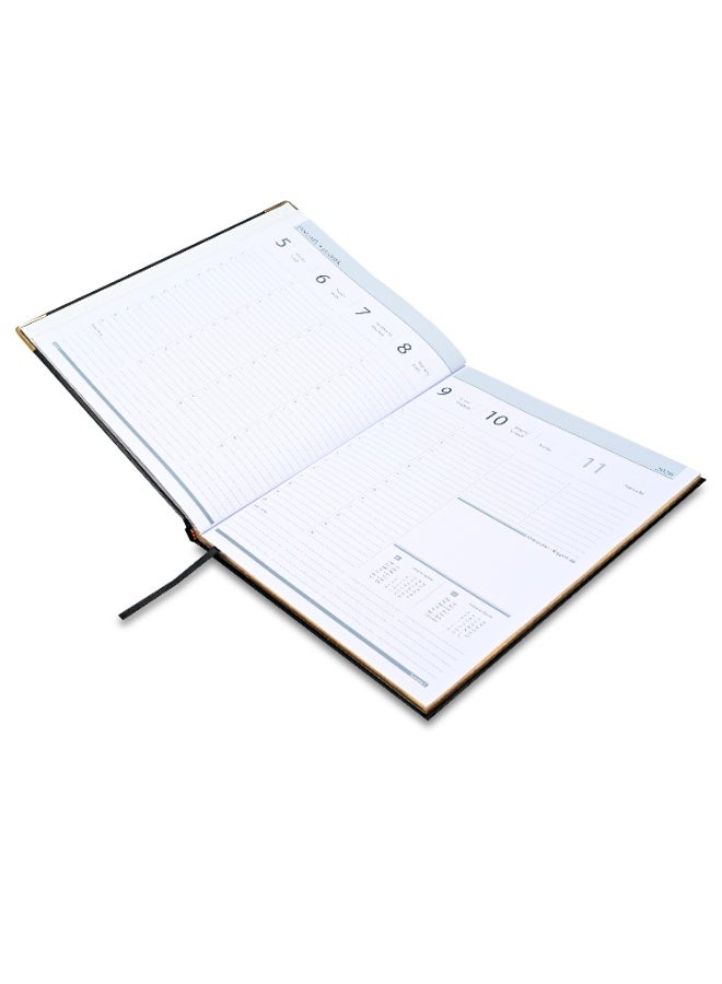 FIS 2026 Executive Diary, Size 210x260mm, Golden Edition, 1 Side Padded & Sewn Vinyl Cover, Gold Gilded Edges, Golden Corners, English/French, 70gsm White Paper, Black Cover-FSDI35EG26BK - Image 3