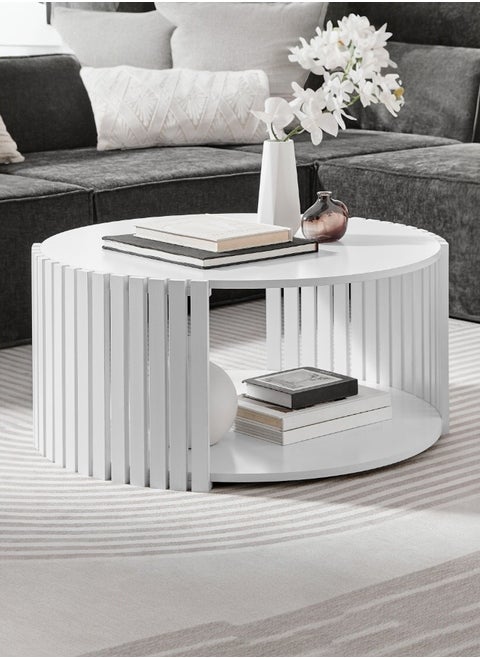 Round Slatted Coffee Table – Modern Minimalist Design with Open Shelf – White Finish
