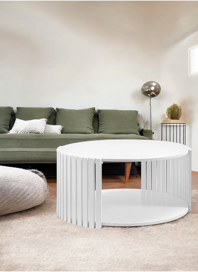 woodx - Round Slatted Coffee Table – Modern Minimalist Design with Open Shelf – White Finish - Image 1