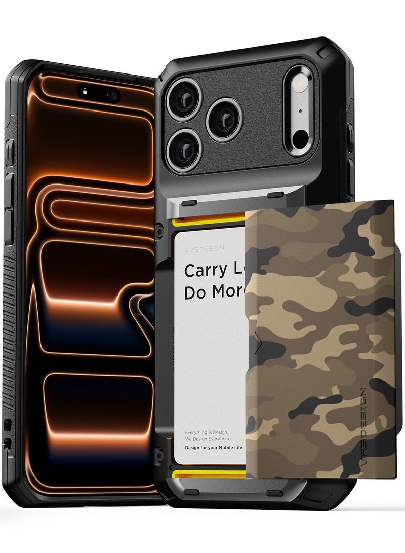 VRS Design Damda Glide Pro iPhone 17 Pro MAX Case Cover Wallet with Semi Automatic Credit Card Holder Slot [4 Cards] - Camo Khaki - Image 1
