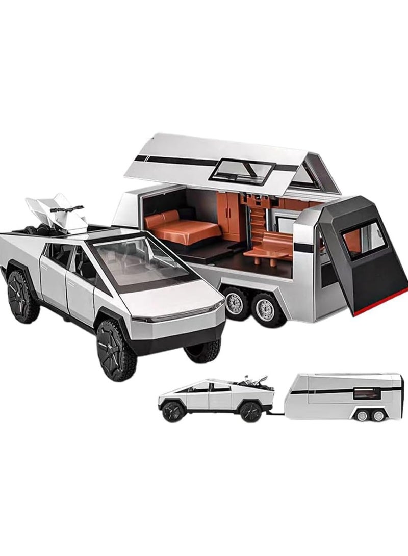1/32 Tesla Pickup Truck Trailer RV Model Kit, Alloy Off-Road Vehicle, Car Model Diecast Metal Toy, Truck Model Simulation Sound Light, Gift for Boys and Girls. (With RV Silver)  - Image 1
