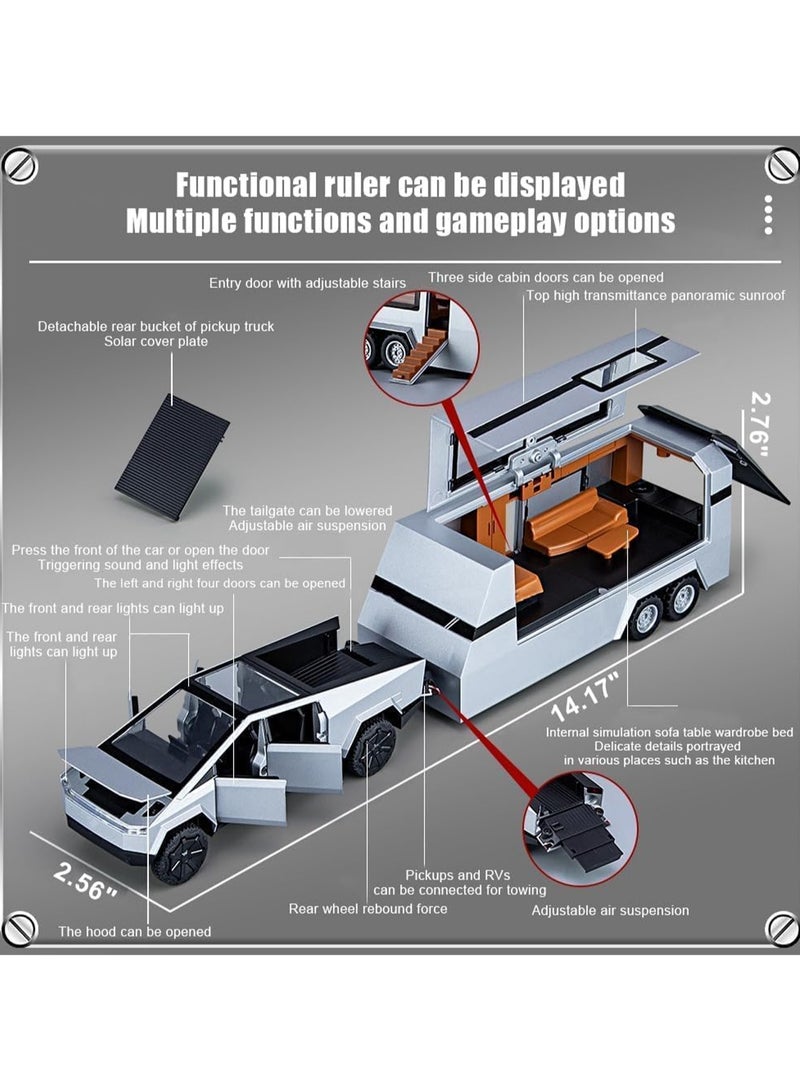 1/32 Tesla Pickup Truck Trailer RV Model Kit, Alloy Off-Road Vehicle, Car Model Diecast Metal Toy, Truck Model Simulation Sound Light, Gift for Boys and Girls. (With RV Silver)  - Image 2