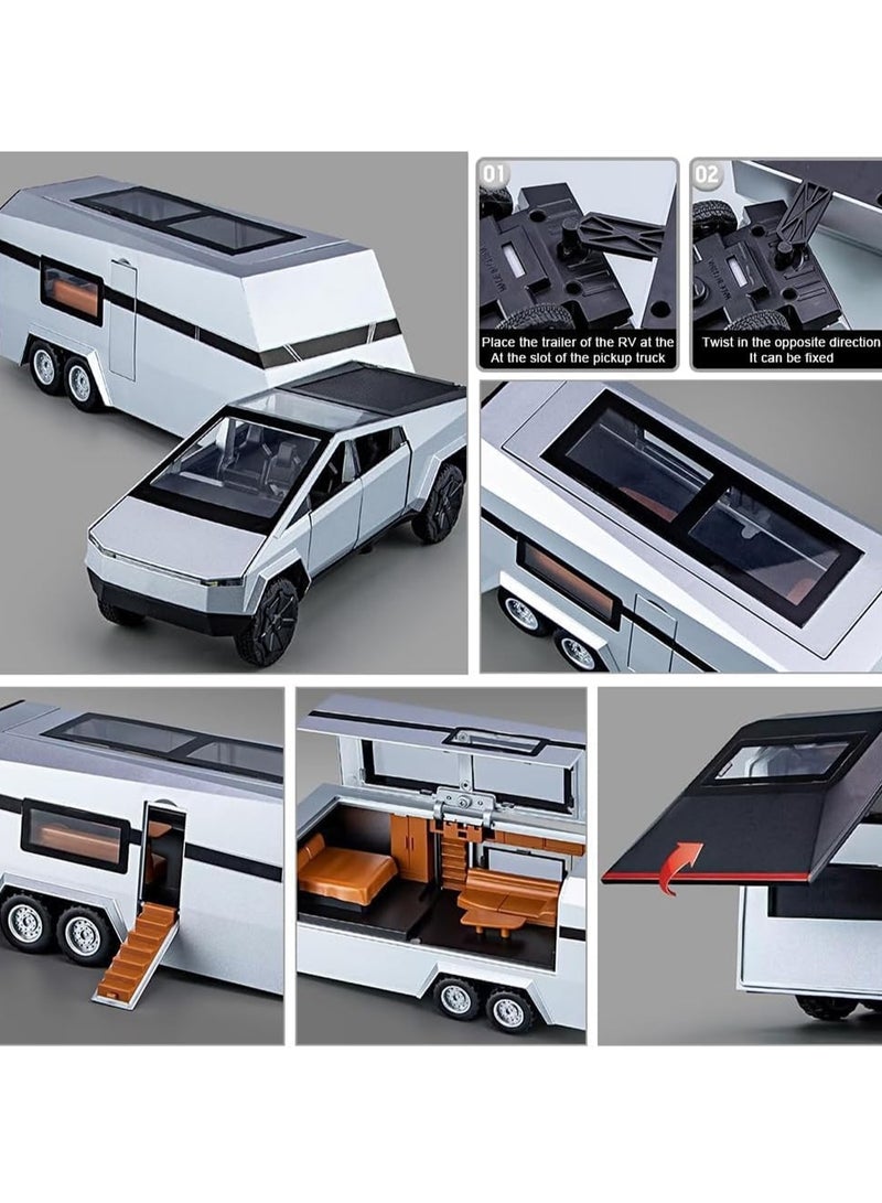 1/32 Tesla Pickup Truck Trailer RV Model Kit, Alloy Off-Road Vehicle, Car Model Diecast Metal Toy, Truck Model Simulation Sound Light, Gift for Boys and Girls. (With RV Silver)  - Image 3