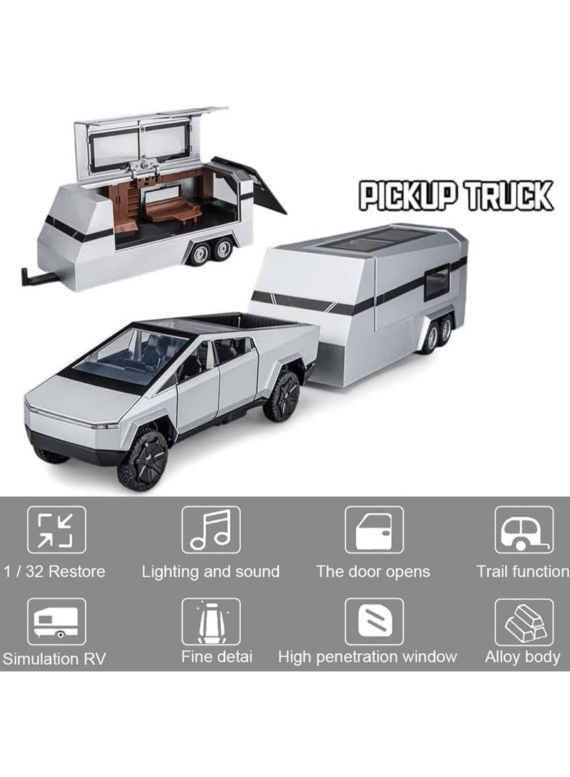 1/32 Tesla Pickup Truck Trailer RV Model Kit, Alloy Off-Road Vehicle, Car Model Diecast Metal Toy, Truck Model Simulation Sound Light, Gift for Boys and Girls. (With RV Silver)  - Image 4