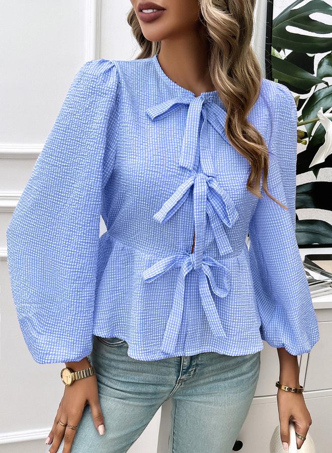 Styli Styli Front Bow Knot Detail Gingham Check Blouse  - Image 1