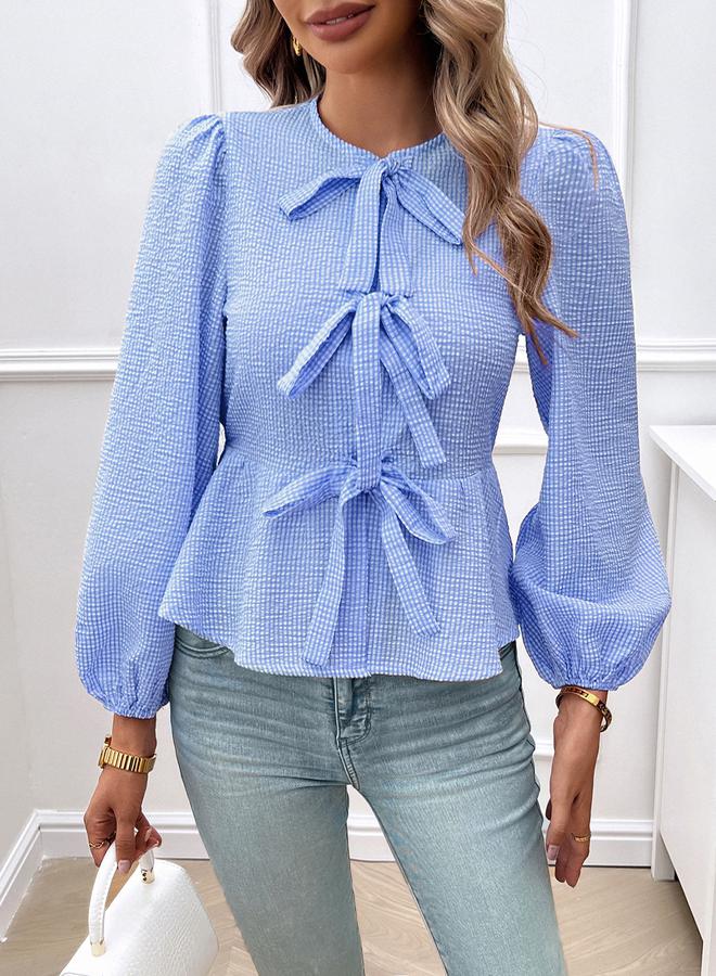 Styli Styli Front Bow Knot Detail Gingham Check Blouse  - Image 4