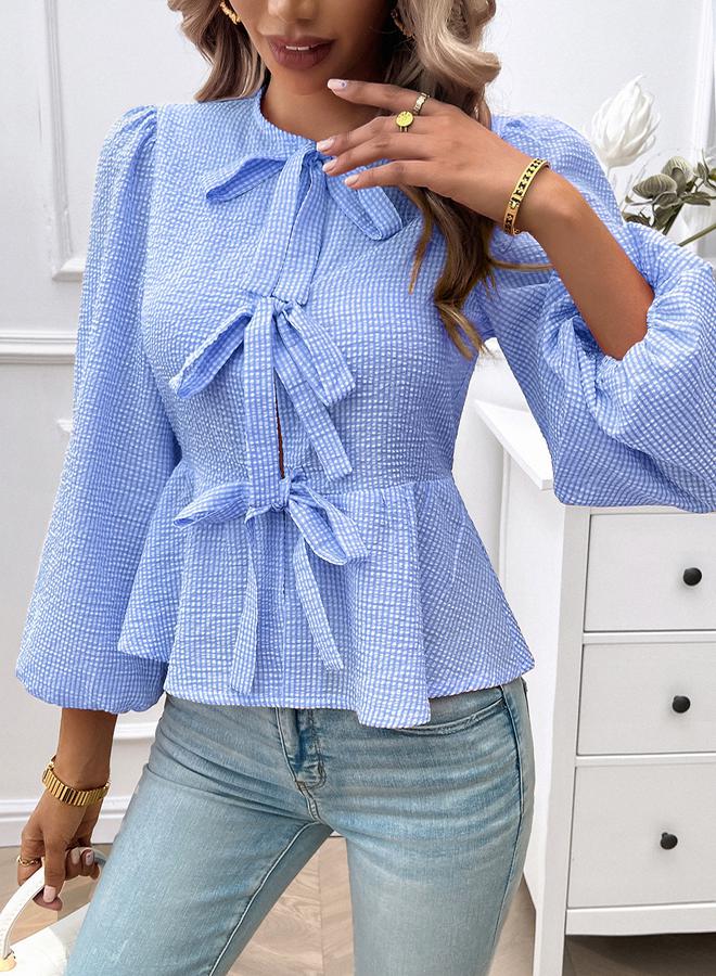 Styli Styli Front Bow Knot Detail Gingham Check Blouse  - Image 5