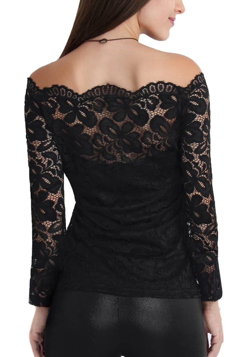 DJT Womens Off The Shoulder Tops Sexy Floral Lace Long Sleeve Slim Fit Shirts Dressy Casual Party Clubwear Outfits Black L - Image 3