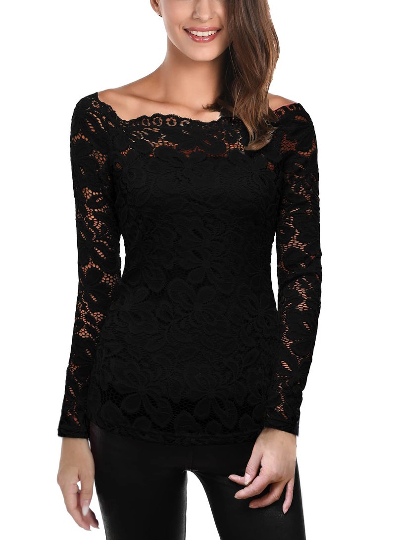 DJT Womens Off The Shoulder Tops Sexy Floral Lace Long Sleeve Slim Fit Shirts Dressy Casual Party Clubwear Outfits Black L - Image 1