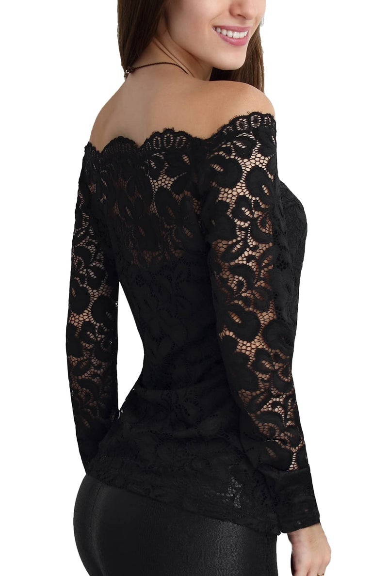 DJT Womens Off The Shoulder Tops Sexy Floral Lace Long Sleeve Slim Fit Shirts Dressy Casual Party Clubwear Outfits Black L - Image 2