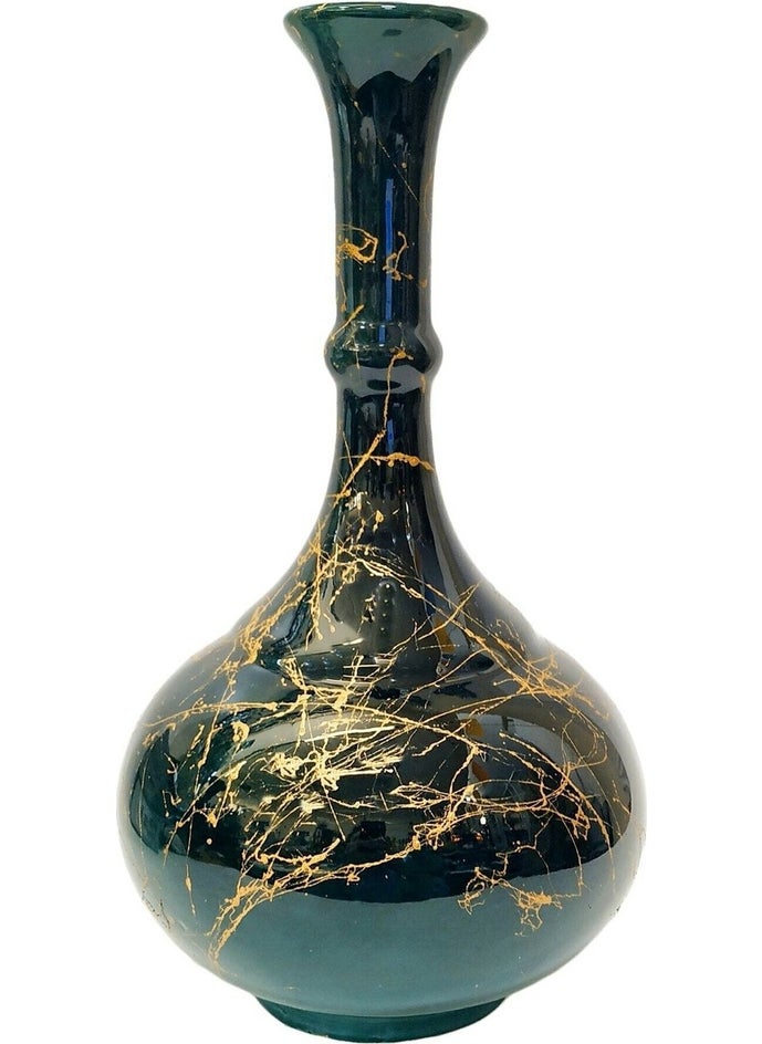 20 cm Tile Teardrop Vase-Emerald Green/black-Marble Patterned Handmade-Original Kütahya Tile