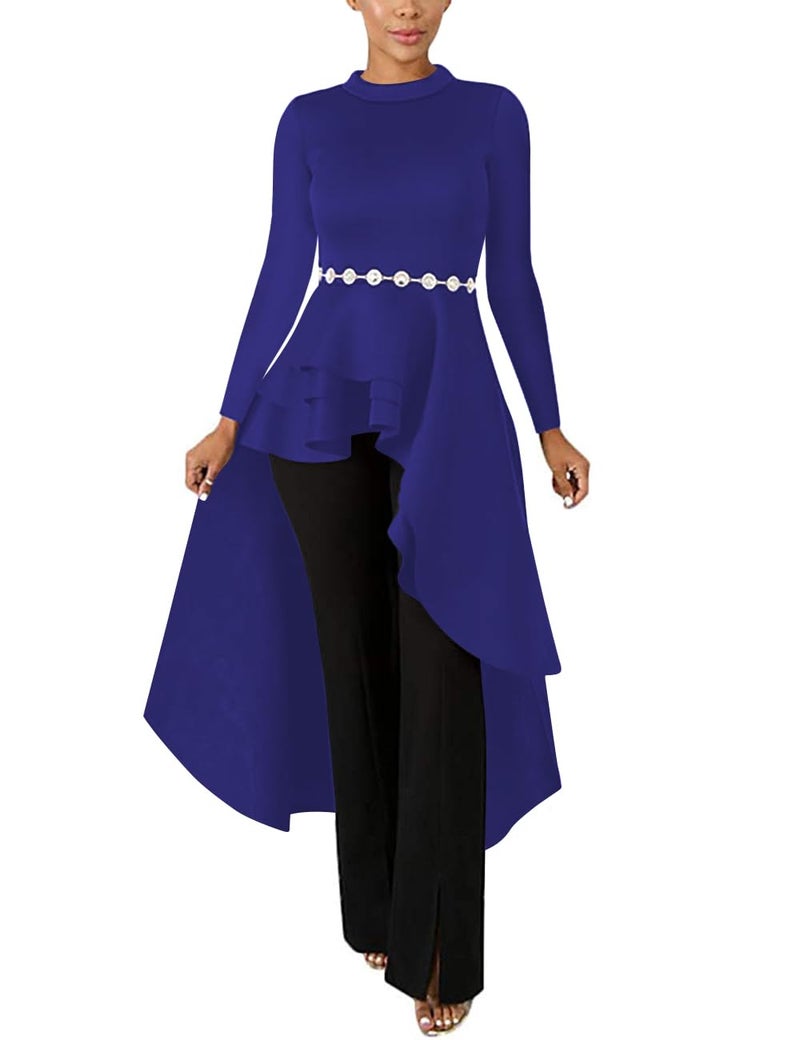 Lrady Women Ruffle High Low Asymmetrical Long Sleeve Peplum Tops Blouse Shirt Dress, Blue, Medium - Image 3
