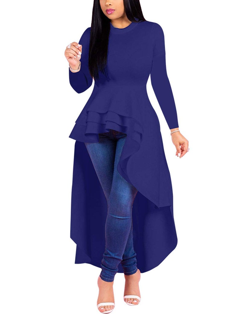 Lrady Women Ruffle High Low Asymmetrical Long Sleeve Peplum Tops Blouse Shirt Dress, Blue, Medium - Image 4