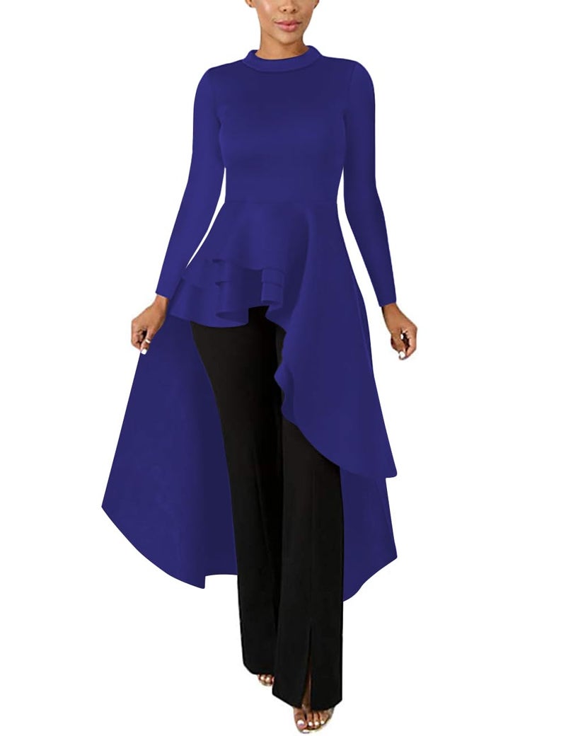Lrady Women Ruffle High Low Asymmetrical Long Sleeve Peplum Tops Blouse Shirt Dress, Blue, Medium - Image 1
