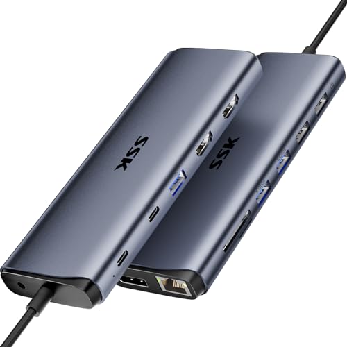 SSK USB C Dock,10Gbps USB C Hub Dual HDMI, USB C&A 3.2 Gen 2 for Thunderbolt Laptop/MacBook Docking Station 3 Monitors, Silver - Image 1