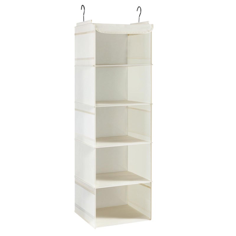 BrilliantJo Hanging Storage with 5 Shelves Wardrobe Closet Organiser Storage Shelves Unit with 6 Pockets for Clothes  Beige30 x 30 x 108cm