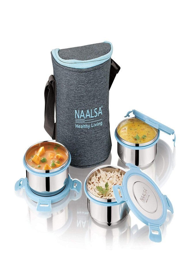 NAALSA - Diamond Stainless Steel Tiffin, Lunch Box with Steel lid (350ml x 3) 3Pc Set Blue - Image 1