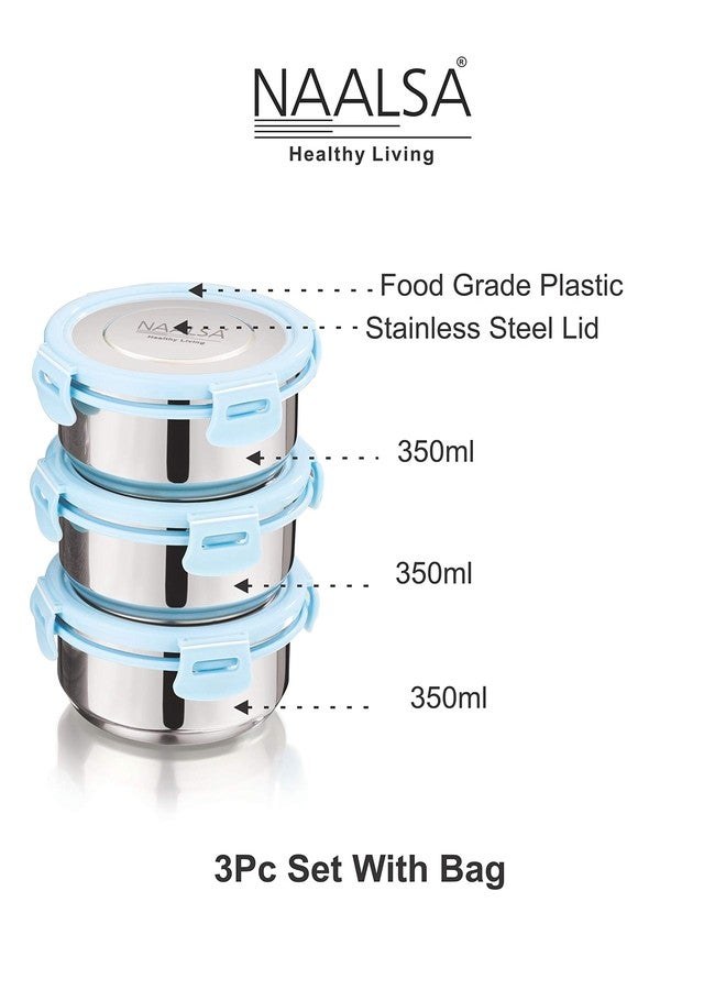 NAALSA - Diamond Stainless Steel Tiffin, Lunch Box with Steel lid (350ml x 3) 3Pc Set Blue - Image 4