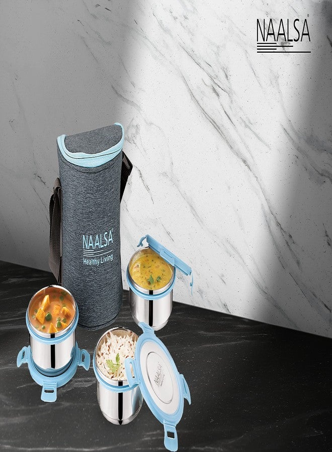NAALSA - Diamond Stainless Steel Tiffin, Lunch Box with Steel lid (350ml x 3) 3Pc Set Blue - Image 5