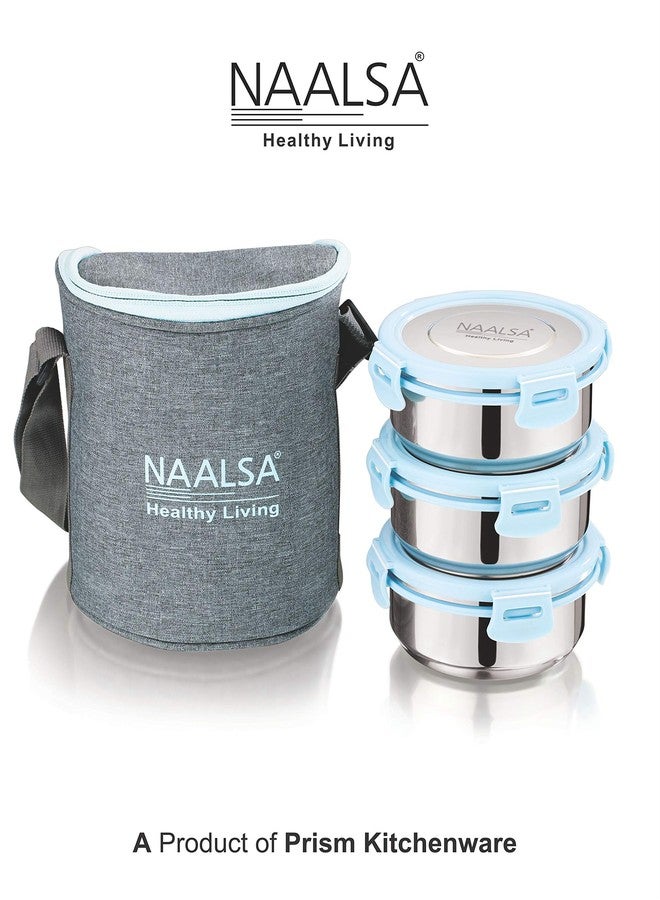 NAALSA - Diamond Stainless Steel Tiffin, Lunch Box with Steel lid (350ml x 3) 3Pc Set Blue - Image 2