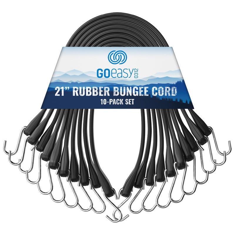 GOEASY0312 Rubber Bungee Cords with Hooks Heavy Duty 21  for Outdoor Extreme Weather Over 180 LBS Load  Max Stretch 18X 100 EPDM Bungee Straps with S Hooks 10 Pack for Cargo Tarps Trucks
