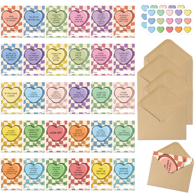 CPicdn 30 Pack Valentine's Day Cards Set, Funny Bulk Boxed Greeting Cards with Envelopes and Stickers, Wavy Checker Holiday Notes Set for Gift Exchange Office Coworker Colleague Employees Party Favors - Image 1