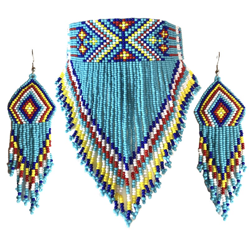BeadsCorner Native Style Seed Beads Beaded Choker Bib Statement Necklace (Blue) - Image 1